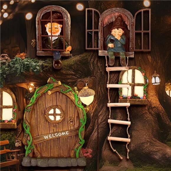 7 Pcs Fairy Garden Accessories Tree Hugger Gnome Statue Fairy Door Window Set - Picture 4 of 8